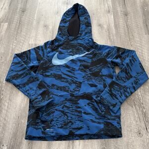 NIKE Dri-Fit Hoodie Boys XL Blue Black Marbled Camo Pullover Sweatshirt Swoosh